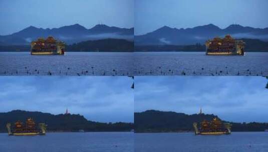 杭州西湖宝石山游船蓝调时刻高清在线视频素材下载