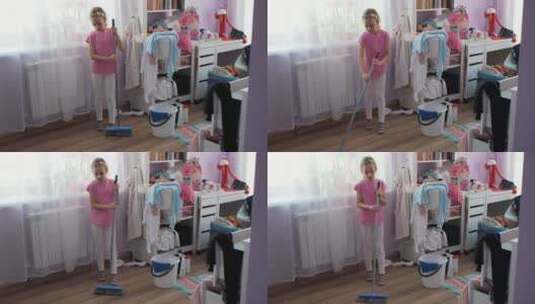 小女孩打扫房间的地板高清在线视频素材下载