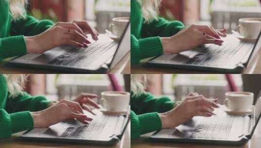 女自由职业者在咖啡馆里带笔记本电脑特写手部在键盘上打字发送消息高清在线视频素材下载