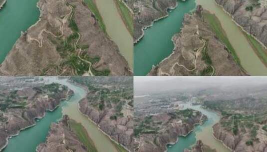中国甘肃黄河洮河交汇处航拍高清在线视频素材下载