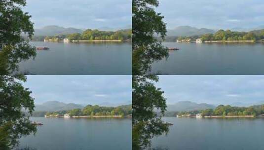 立冬早晨杭州西湖水面与游船水墨画风光高清在线视频素材下载