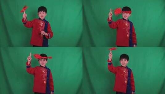 中国小男孩恭贺新年拜年慢镜绿幕抠像高清在线视频素材下载