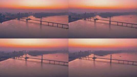 湖南长沙湘江三汊矶大桥日出航拍延时4K高清在线视频素材下载