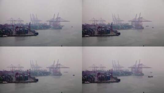 深圳港晚雾中起重机的延时拍摄高清在线视频素材下载