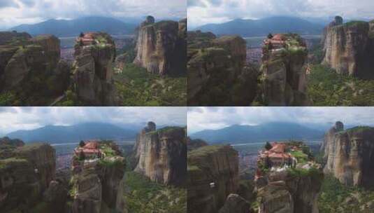 航拍希腊Meteora的岩层和修道院高清在线视频素材下载