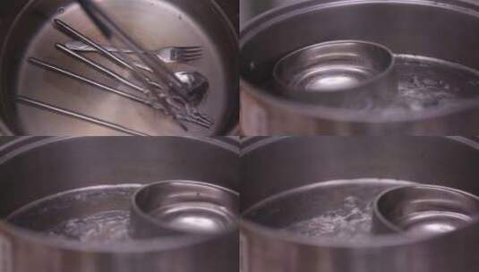 【镜头合集】清洗水煮不锈钢餐具高清在线视频素材下载