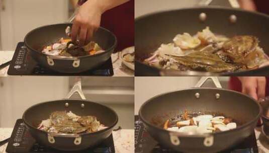 【镜头合集】年糕蟹肉蟹煲韩式海鲜年糕锅高清在线视频素材下载