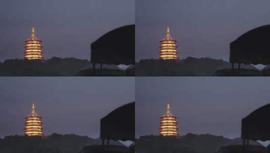 灯火通明西湖风景区雷峰塔夜景高清在线视频素材下载