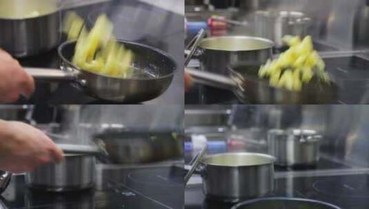 厨师在专业厨房把蔬菜扔在煎锅上。高清在线视频素材下载