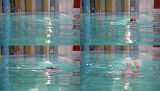 在泳池练习游泳的中国女孩高清在线视频素材下载