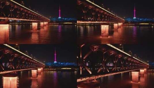 武汉长江大桥火车路过夜景航拍高清在线视频素材下载