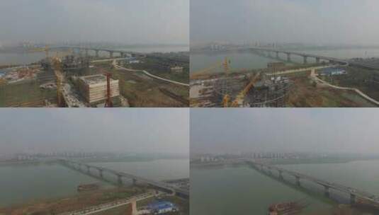 长沙航拍 湘府路大桥 湘江 工地建设高清在线视频素材下载