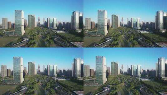 杭州萧山钱江世纪城道路和现代高层建筑航拍高清在线视频素材下载
