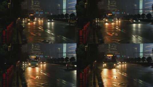 夜晚灯光车流雨水公交站高清在线视频素材下载