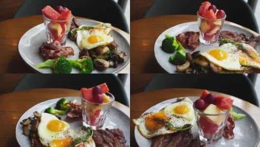 健康活力早午餐轻食煎牛肉培根鸡蛋水果杯高清在线视频素材下载
