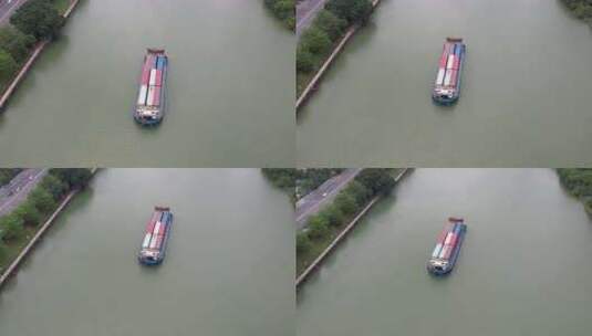 江上航行的货轮航拍高清在线视频素材下载