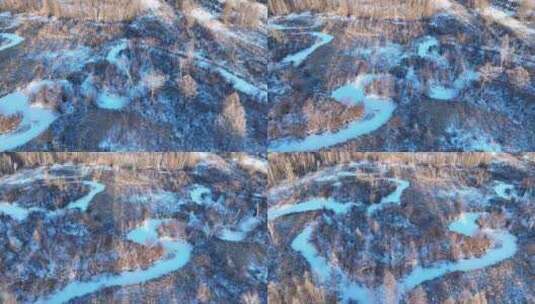 鸟瞰冰雪覆盖的冻土森林湿地高清在线视频素材下载