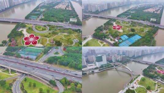 广州海心沙航拍广州大桥海心桥天河体育中心高清在线视频素材下载