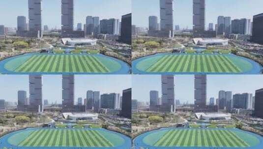 郑州双子塔城市公园跑道操场运动的人横移高清在线视频素材下载