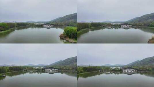 航拍春雨迷蒙下的江苏无锡蠡湖国家湿地公园高清在线视频素材下载