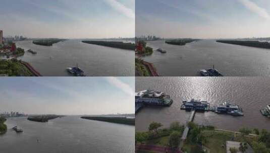航拍长江江面和江边码头高清在线视频素材下载
