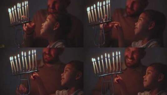犹太人、传统和一家人在家里一起点燃蜡烛庆高清在线视频素材下载