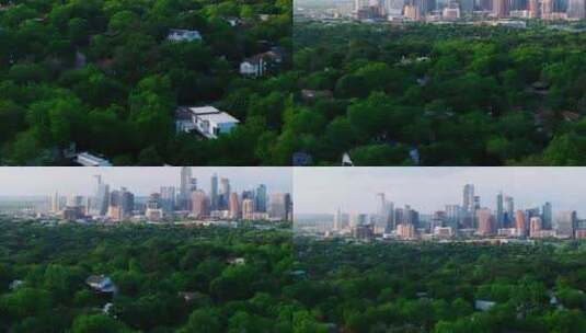 奥斯汀天际线的鸟瞰图将城市结构与郁郁葱葱高清在线视频素材下载