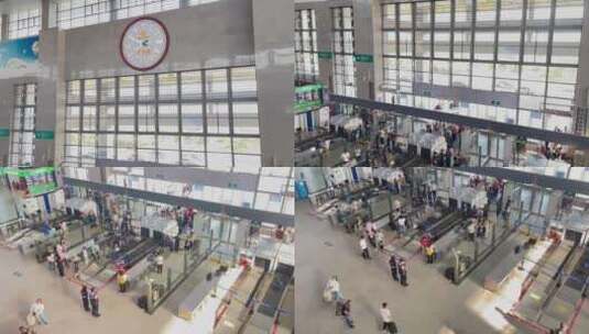 高铁站时钟下摇安检口安检旅客客流量高清在线视频素材下载