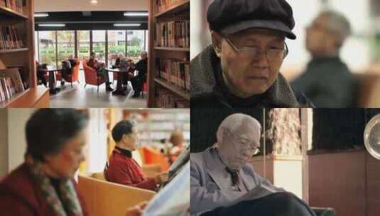图书馆里的老人在看书看报高清在线视频素材下载