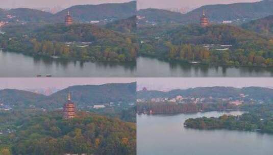 西湖雷峰塔景区大自然风光群山航拍杭州风景高清在线视频素材下载