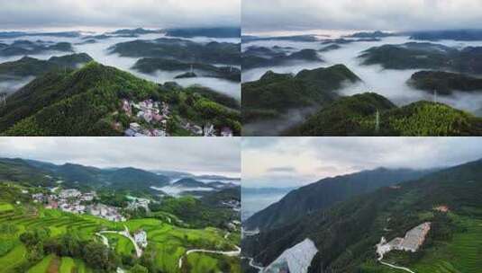 航拍天台山夏季绿色村庄云海平流雾梯田高清在线视频素材下载