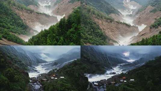 4K 山区洪水山洪、强降雨地质灾害高清在线视频素材下载