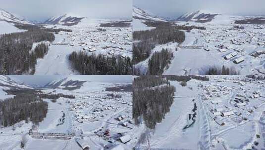 航拍新疆禾木雪景森林雪地小木屋禾木桥雪山高清在线视频素材下载