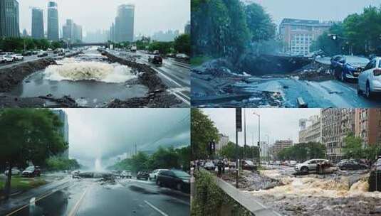 强降雨引发的城市道路塌陷高清在线视频素材下载