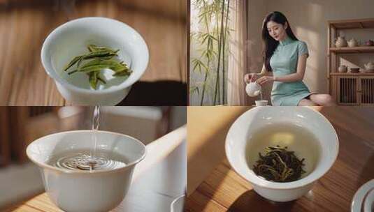 女子身着旗袍室内优雅泡茶高清在线视频素材下载