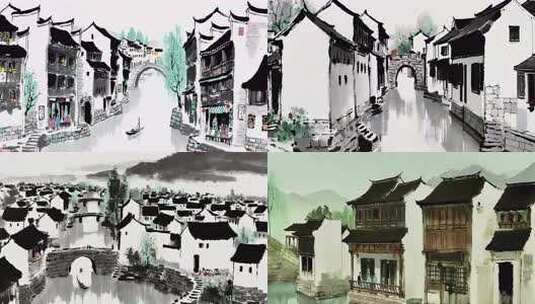 8K大屏中国风水墨建筑群水墨江南古镇风光高清在线视频素材下载