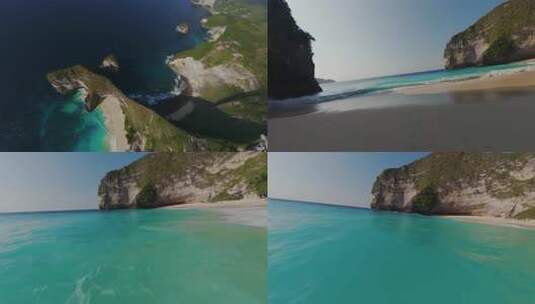 FPV穿越机无人机航拍大海海浪冲击海滩游客高清在线视频素材下载