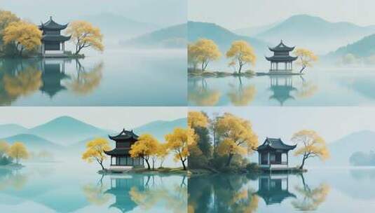 中式山水楼阁风景画面高清在线视频素材下载