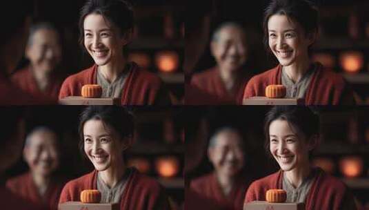 中秋佳节人团圆欢聚时刻品尝月饼高清在线视频素材下载