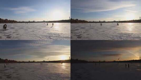 长春南湖落日实拍延时摄影冬日湖面人群高清在线视频素材下载