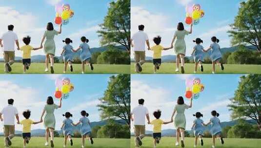 一家五口户外牵手奔跑场景高清在线视频素材下载