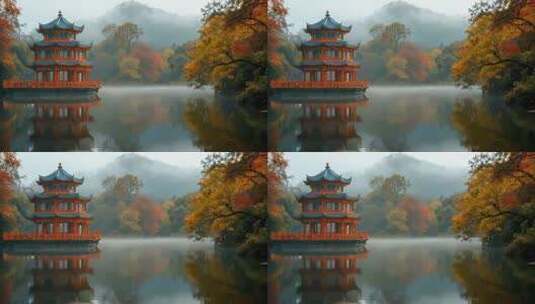 秋季山水间中式楼阁风景高清在线视频素材下载