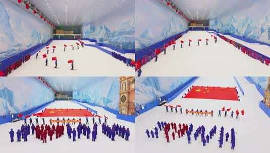 冰雪世界滑雪队挥舞国旗高清在线视频素材下载