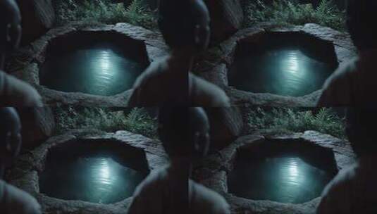 幽静夜晚石砌水池光影摇曳高清在线视频素材下载