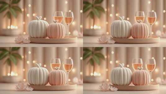 精致南瓜与香槟杯的浪漫家居氛围高清在线视频素材下载