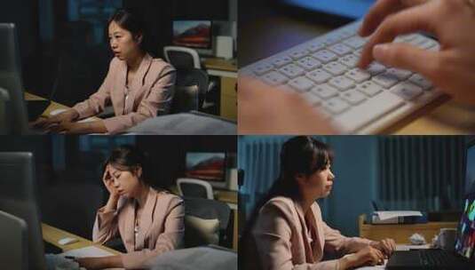 女性办公室夜晚加班场景高清在线视频素材下载