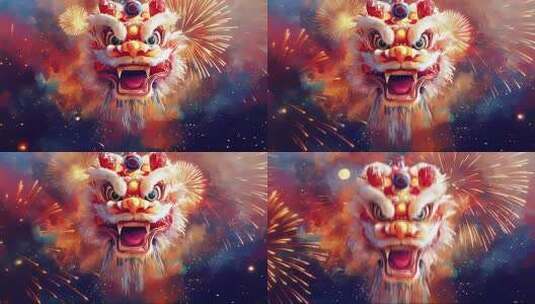 舞狮头与烟花喜庆画面高清在线视频素材下载