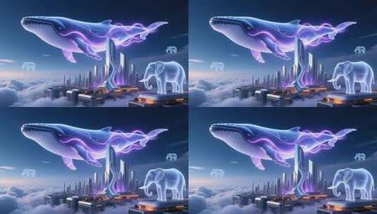 虚拟鲸鱼概念地产高端光影云端城市高清在线视频素材下载