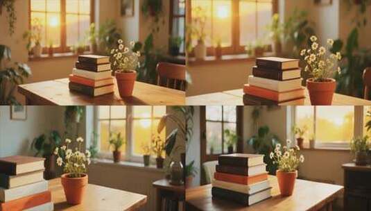 窗边木桌书籍与盆栽场景高清在线视频素材下载