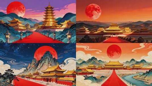 古风中秋月夜宫殿山水图景高清在线视频素材下载